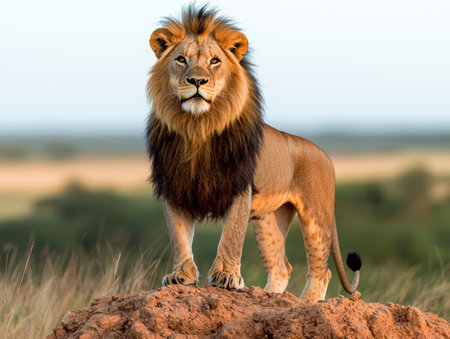majestic lion standing on rocky outcropの素材