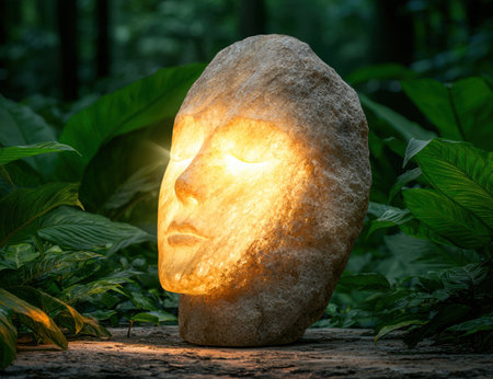 Glowing stone sculpture in lush forestの素材