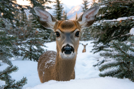 Curious deer in snowy forestの素材