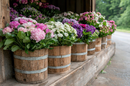 Vibrant Flower Barrels in Rustic Settingの素材