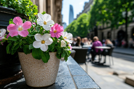 Colorful flowers in a planter on a city streetの素材