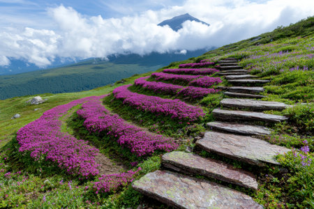 Scenic mountain landscape with blooming rhododendrons and stone stepsの素材