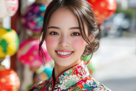 smiling asian woman in colorful traditional dressの素材