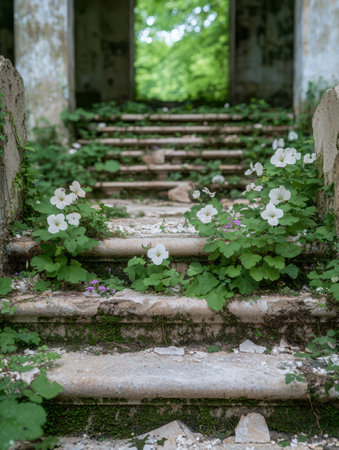 Overgrown stone steps in lush green forestの素材