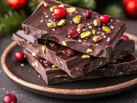 Delicious dark chocolate with cranberries and pistachiosの素材
