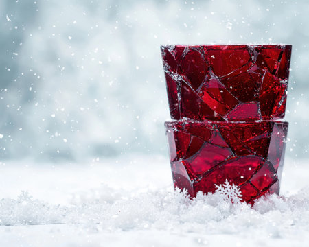 Shattered red glass ornament in snowy winter sceneの素材