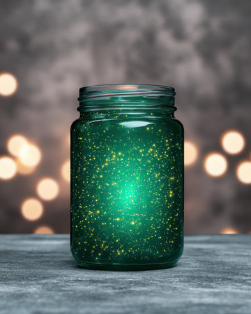 Glowing green jar with sparkling lightsの素材