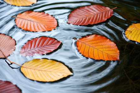 Colorful autumn leaves floating in waterの素材