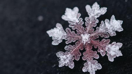 Intricate snowflake crystals on a dark backgroundの素材