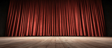 Dramatic red curtains on a theater stageの素材
