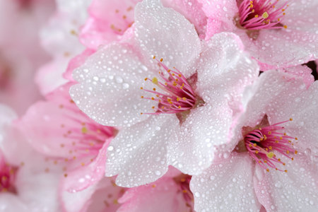 Close-up of delicate pink cherry blossom flowers with water dropletsの素材