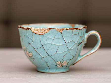 Vintage cracked ceramic cup with floral designの素材