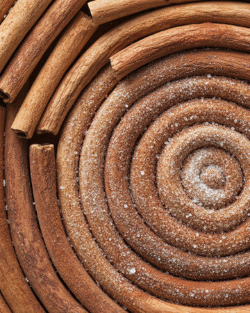 Coiled cinnamon sticks with sugar crystalsの素材