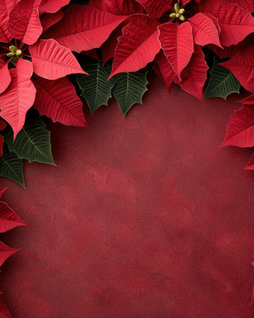 Vibrant red poinsettia leaves with green accentsの素材