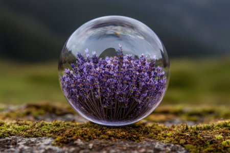 Lavender flowers in a glass sphere on mossの素材