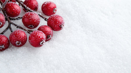 Festive red cranberries on snowy backgroundの素材