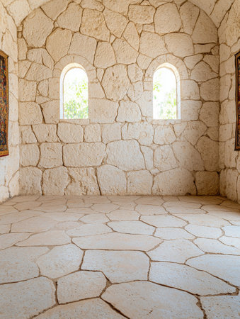 Rustic stone interior with arched windowsの素材