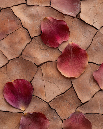 Vibrant flower petals on cracked earthの素材