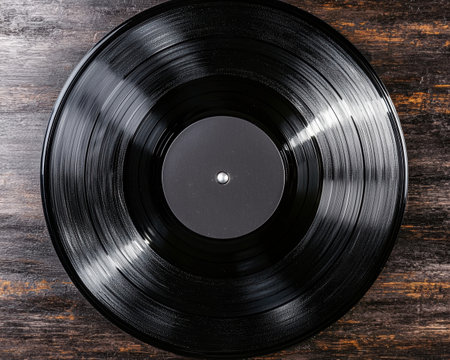 Vintage vinyl record on wooden backgroundの素材