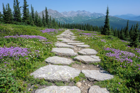 Scenic mountain hiking trail through wildflower meadowの素材