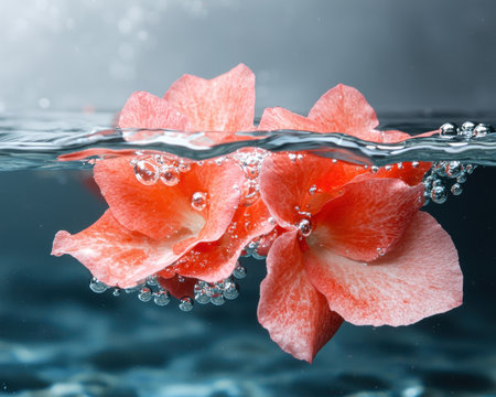 Vibrant grapefruit slices floating in water with bubblesの素材