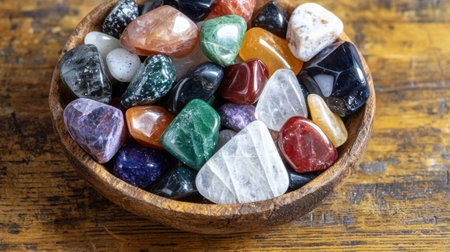 Assortment of colorful natural gemstones in a wooden bowlの素材