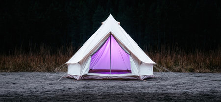Illuminated tent in the woods at nightの素材