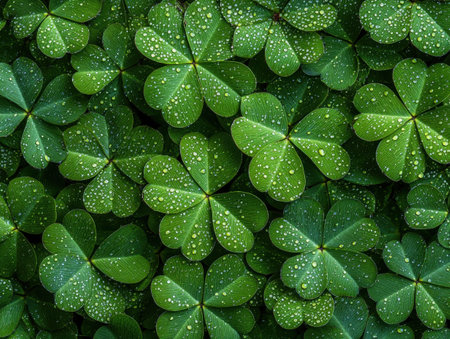 Lush green clover leaves with water dropletsの素材