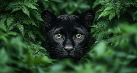 Mysterious black panther in lush green foliageの素材
