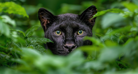 Black cat peeking through green leavesの素材