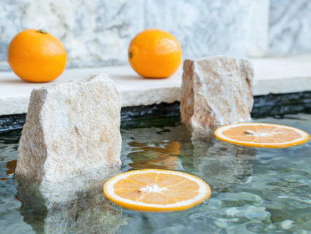 Oranges and rocks in a tranquil water sceneの素材