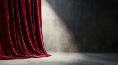 Red velvet curtain on concrete wallの素材