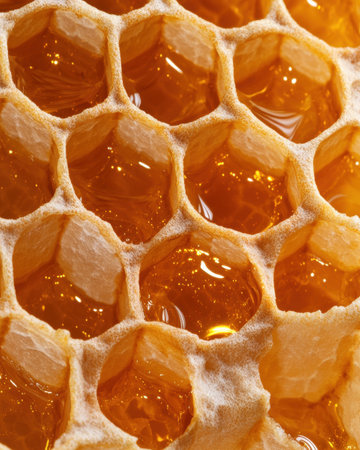 Closeup of honeycomb filled with golden honeyの素材