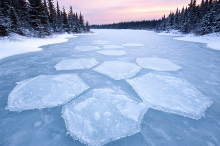 Frozen lake surrounded by snowy pine forest at sunsetの素材