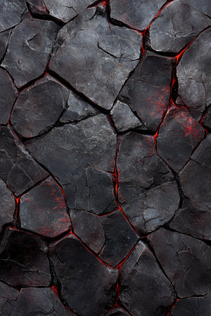 Cracked volcanic rock surface with fiery red veinsの素材