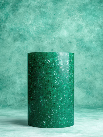 sparkling green glass cylinder on teal backgroundの素材