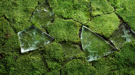 Broken glass on moss-covered groundの素材