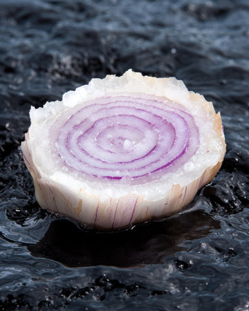 Sliced purple onion on wet surfaceの素材