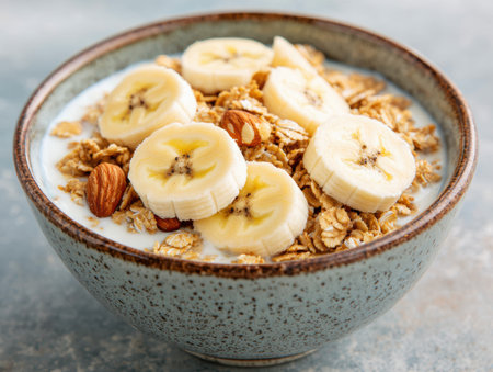 Healthy breakfast bowl with granola, banana slices, and almondsの素材