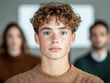 young man with curly hair and frecklesの素材