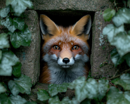 Curious fox peeking through the foliageの素材