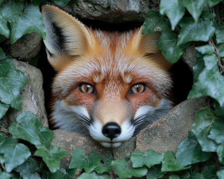 Curious red fox peeking through foliageの素材