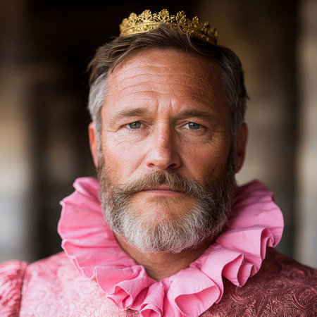 Regal man with crown and beard wearing pink ruffled shirtの素材