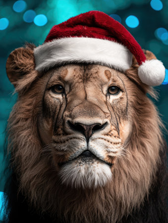 majestic lion wearing santa hatの素材