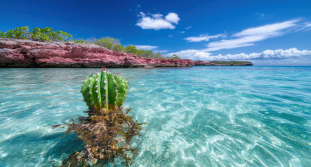 Stunning tropical beach with crystal clear turquoise waters and lush green vegetationの素材