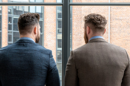 Two businessmen looking out of windowの素材
