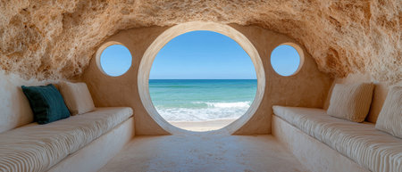 Cozy beachside cave with panoramic ocean viewの素材