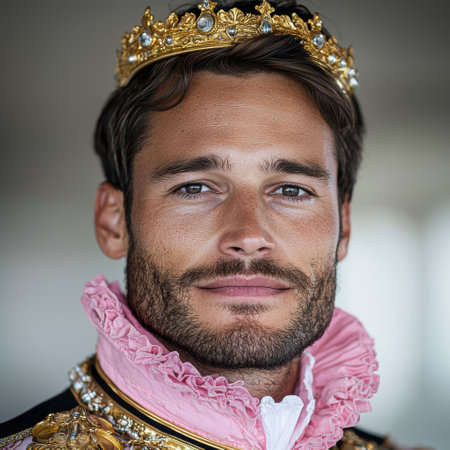 regal man in ornate crown and pink ruffled collarの素材