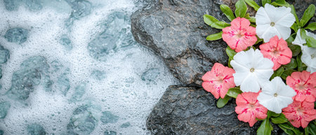 Vibrant tropical flowers on rocky shoreの素材
