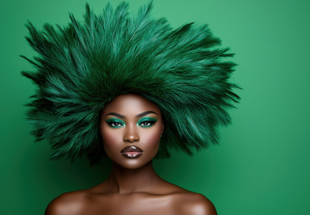 striking model with vibrant green feathered headdressの素材